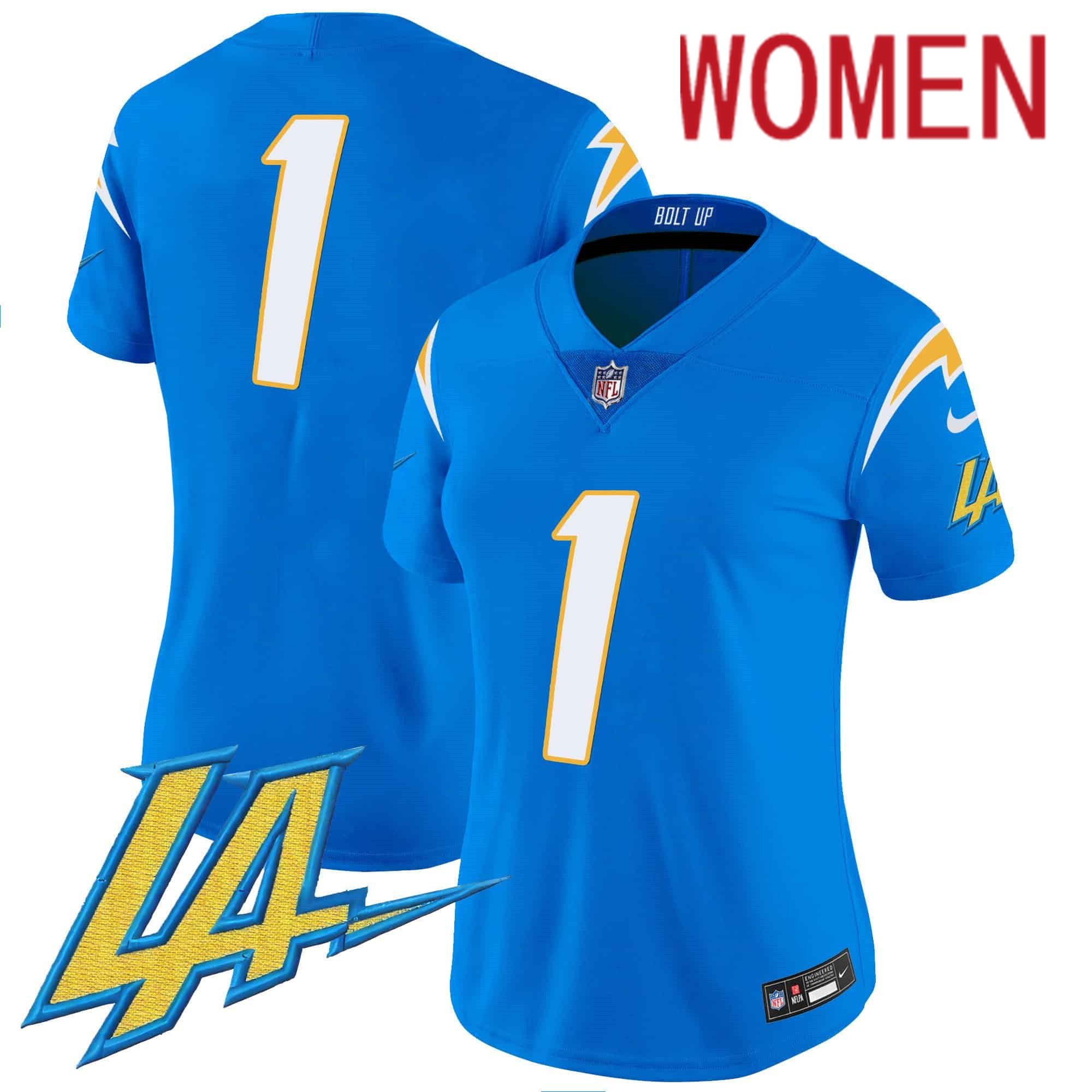 Women Los Angeles Chargers #1 No Name Light Blue 2024 Nike Vapor Limited NFL Jersey style 1